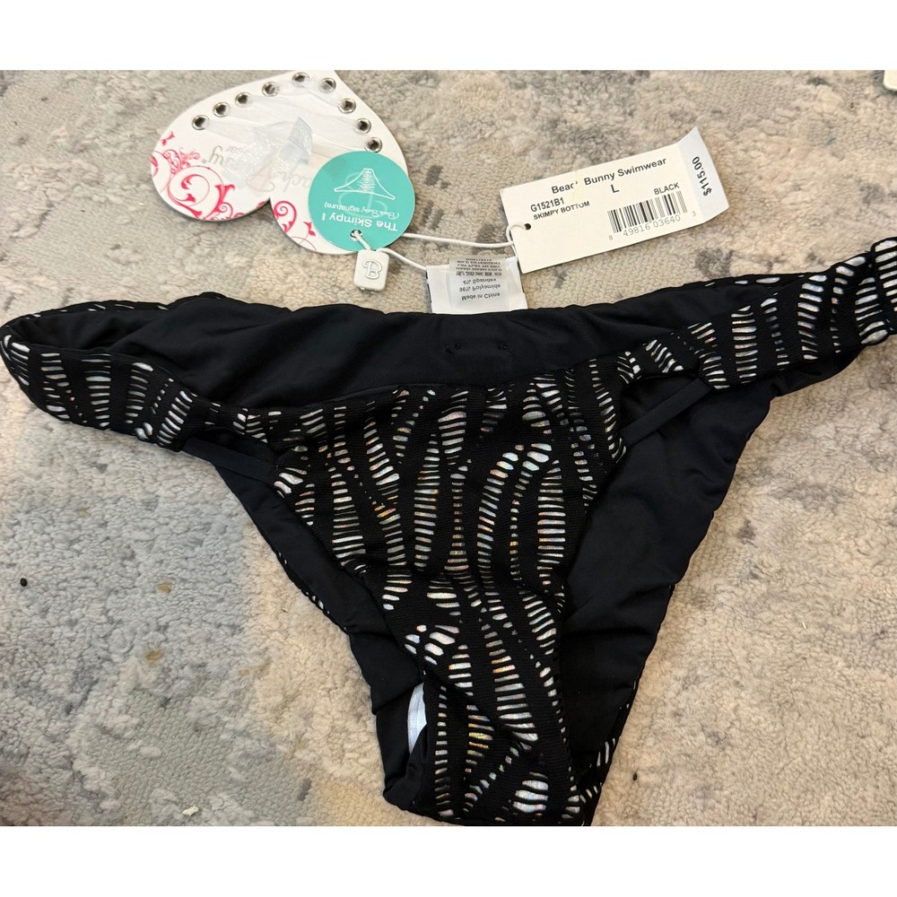 Beach Bunny Skimpy Bottom Black Laser Cut Holographic Bikini G1521B1 Large NWT